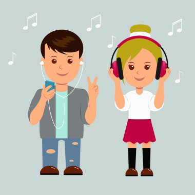 Yeni nesil. Erkek ve kız kulaklık. İzole gençler müzik severler