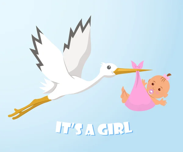 コウノトリと赤ちゃん。おむつの赤ちゃんを運ぶコウノトリ. — ストックベクタ