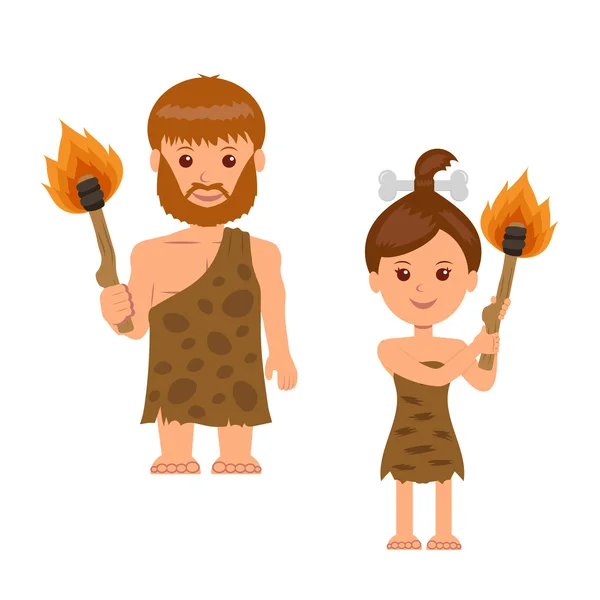 Caveman. A man and a woman holding a torch in his hand. Isolated characters prehistoric people with torches. — Stock Vector
