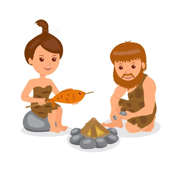 Caveman. Male kindles fire. Female cook the fish on the fire. Isolated character prehistoric people on a white background. — Stock Vector