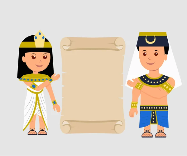 Pria Mesir dan seorang wanita memegang papirus. Papirus Mesir terisolasi dan karakter pada latar belakang cahaya - Stok Vektor
