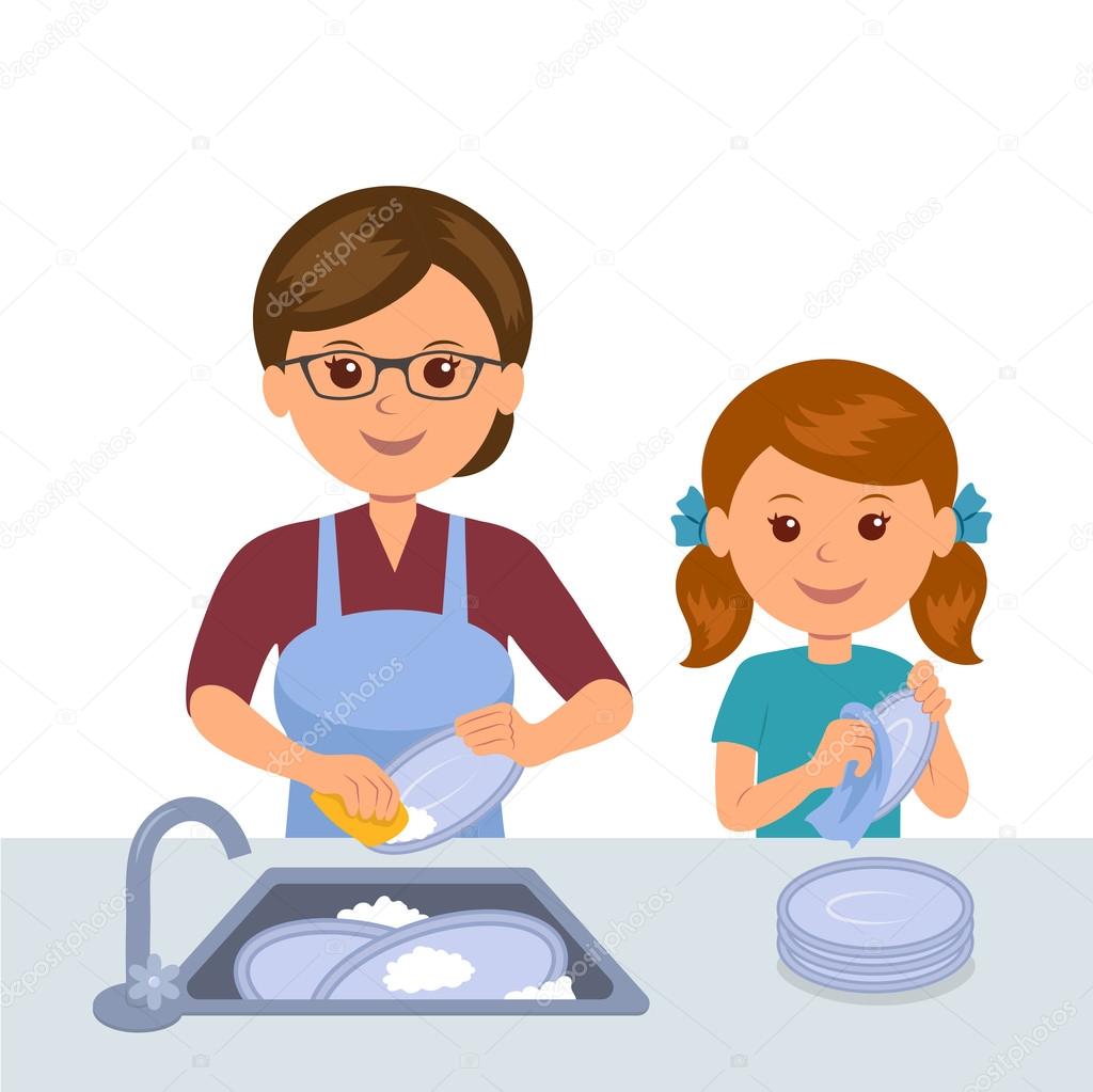 Niña ayudando a mamá lavando los platos ilustración Imagen Vector de stock - Alamy