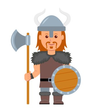 Viking. Bir adam bir Viking balta ve kalkan el ile bir kostüm. Beyaz bir arka plan düz bir tarzda izole viking karakteri.