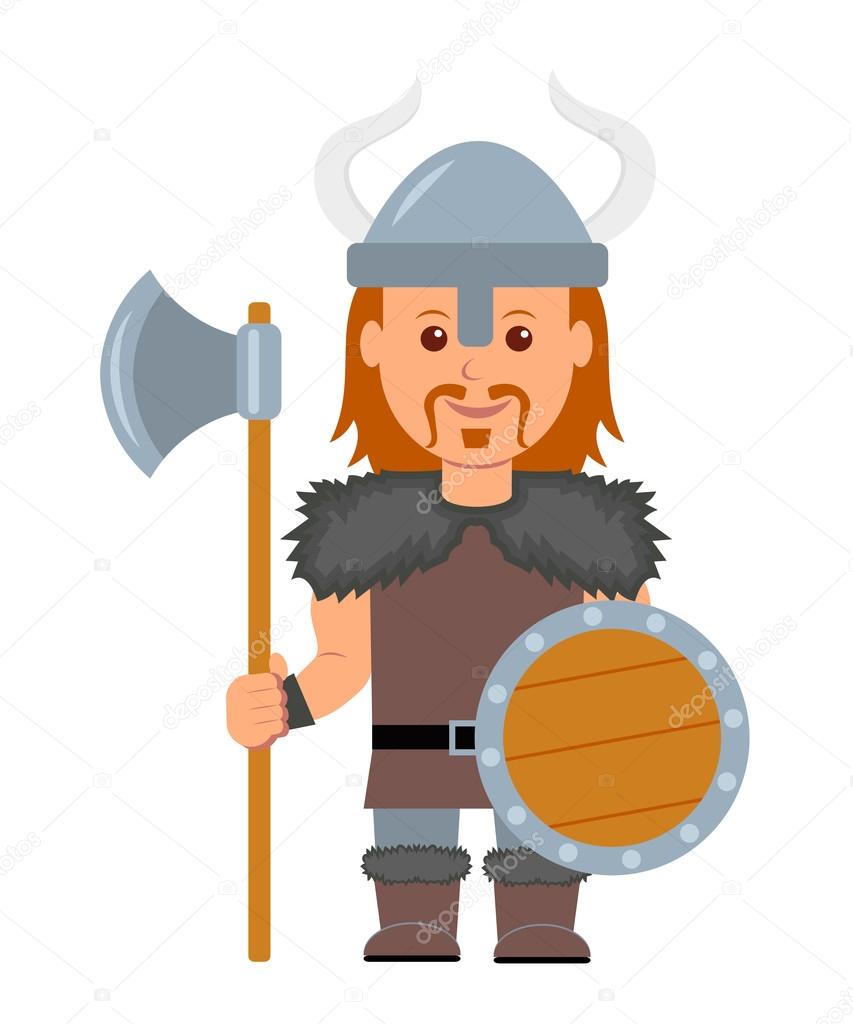 Viking. A man in a costume with a Viking ax and shield in hand. Isolated viking character on a white background in a flat style.