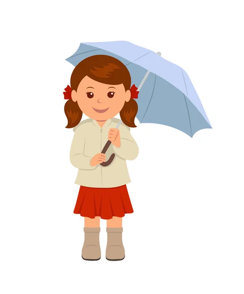 Cute girl under an umbrella. Isolated character of a young woman in a red skirt and a beige jacket under an umbrella. — Stock Vector