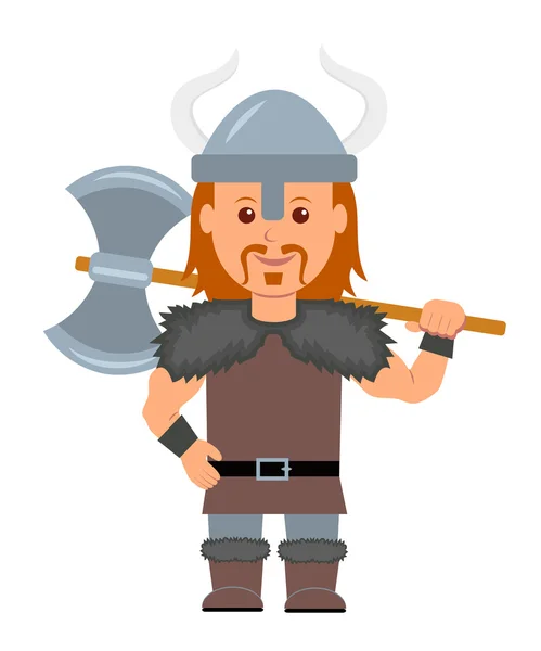 Vikingo. Un hombre disfrazado con un hacha vikinga en la mano. Carácter vikingo aislado sobre un fondo blanco en un estilo plano — Archivo Imágenes Vectoriales