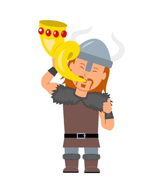 Viking. A man in a costume a viking holding golden horn in hand. Isolated viking character in a flat style. — Stock Vector