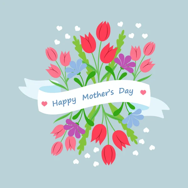 Ramo floral de primavera con cinta y felicitación en estilo plano. Concepto plantilla de diseño tarjeta de felicitación Día de las Madres — Archivo Imágenes Vectoriales