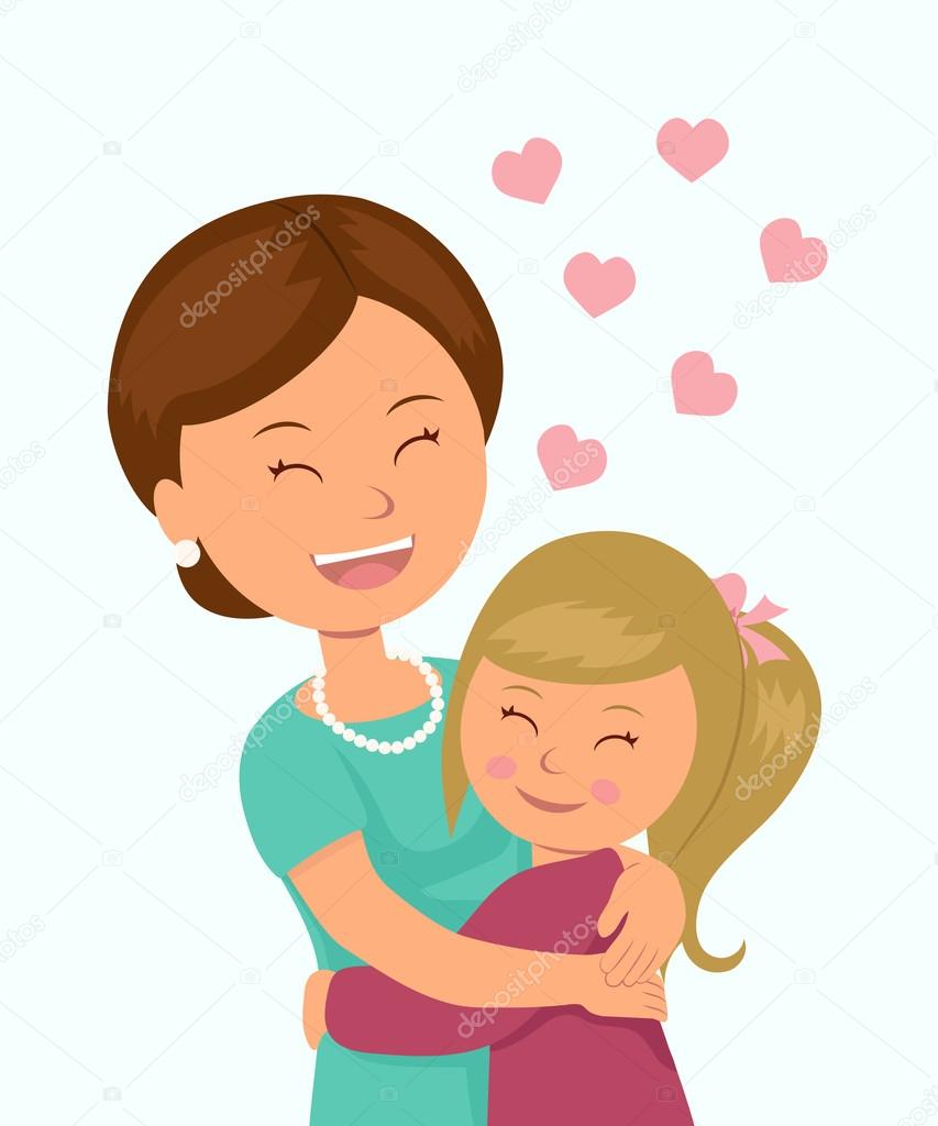 Daughter hugging her mother. Isolated characters in the embrace of a mother and her daughter on a white background.