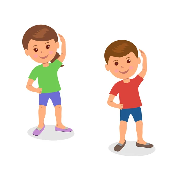 Kids yoga. Boy and girl standing perform gymnastic exercises. — Stock Illustration Kids yoga. Boy and girl standing perform gymnastic exercises. Vector Graphics