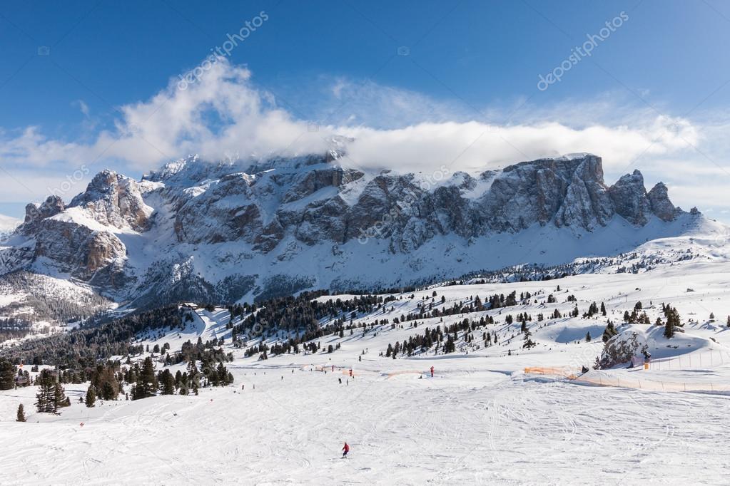 View of the Sella Group with snow in the Italian Dolomites from the ski area