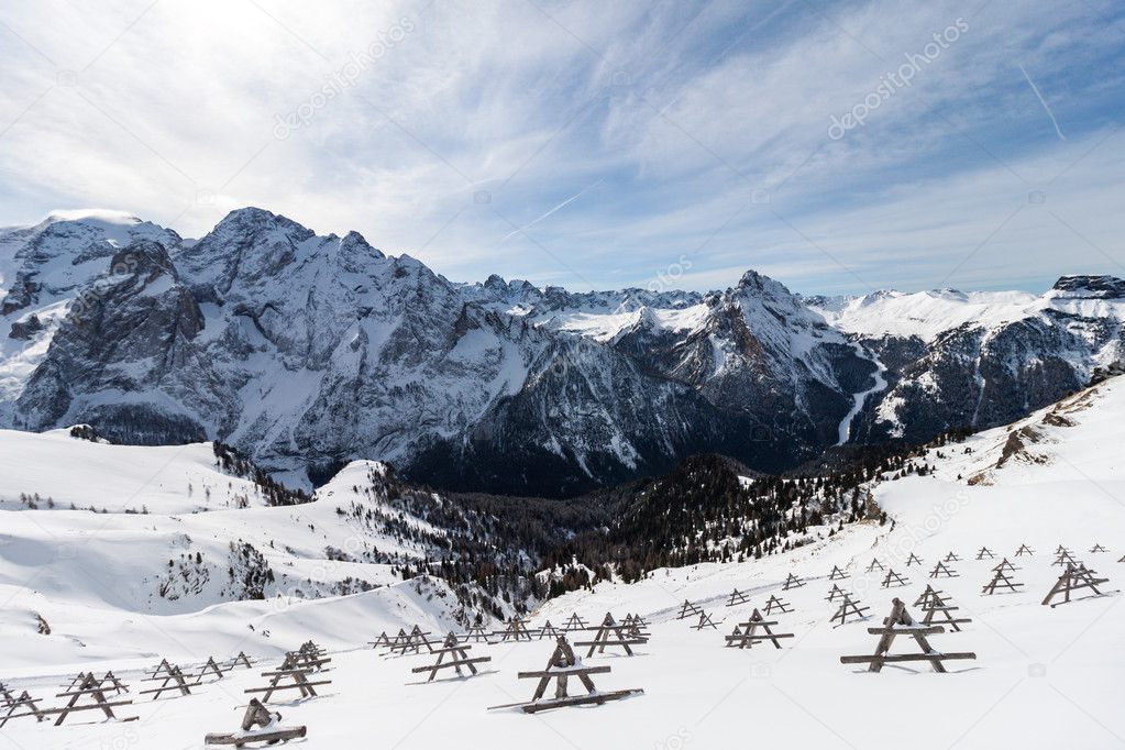 View of the Italian Dolomites in winter. 
