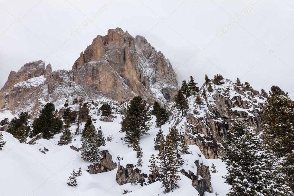 The Sassolungo (Langkofel) Group of the Italian Dolomites in Winter.