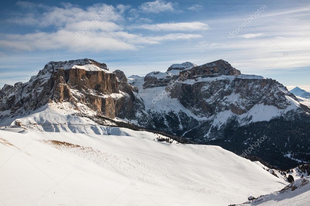 Sass Pordoi (in the Sella Group) with snow in the Italian Dolomites