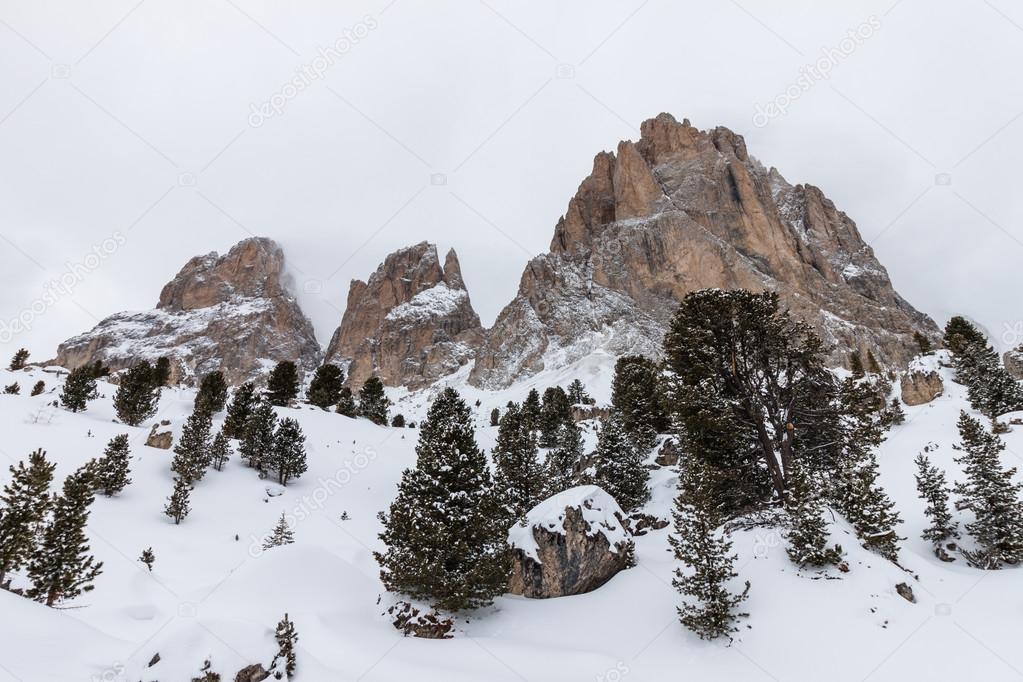 The Sassolungo (Langkofel) Group of the Italian Dolomites in Winter.