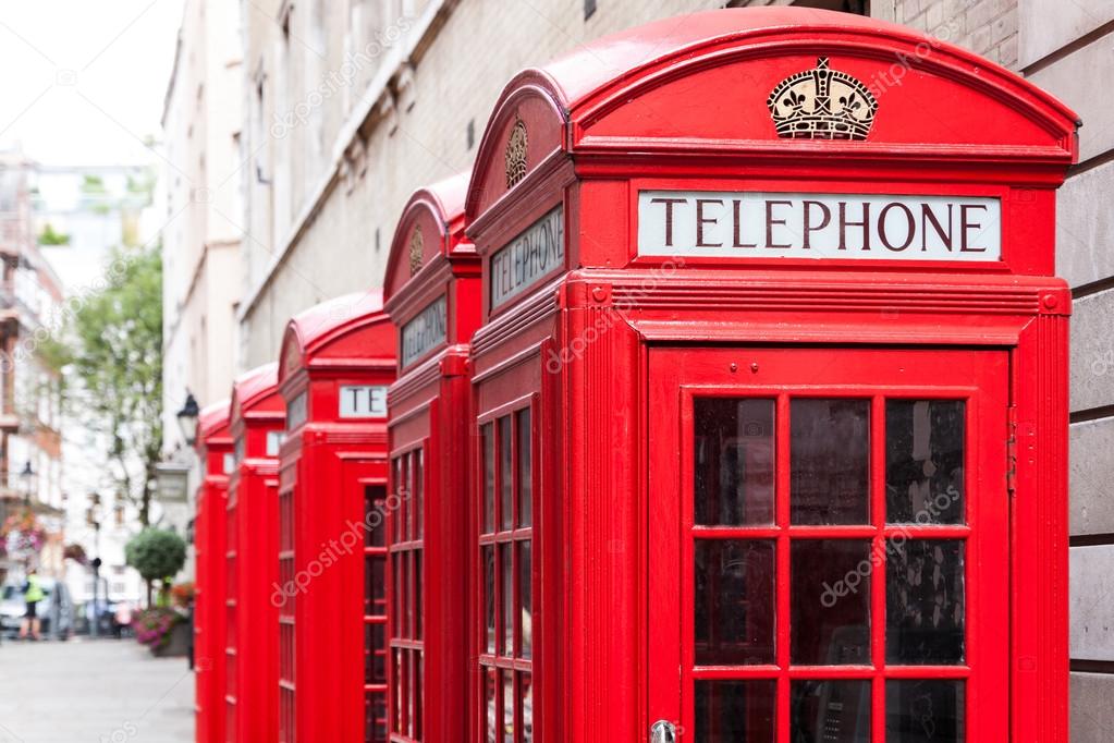 Traditional red telephone booths in London