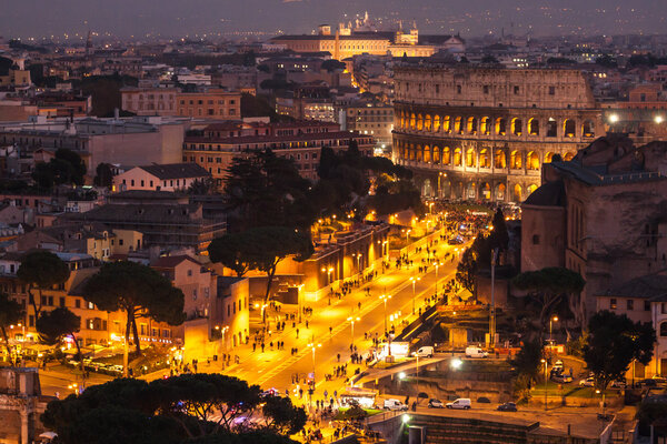 Cityscape of Rome at night, Italy
