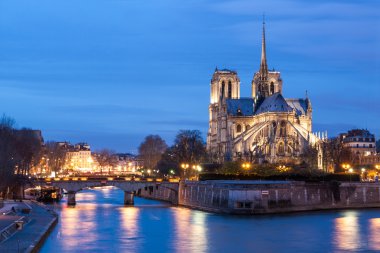 Notre dame de paris alacakaranlıkta, Fransa.