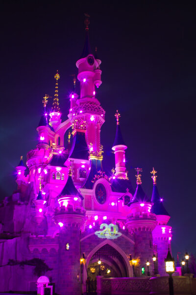 Disneyland Paris Castle illuminated at night during the 20th anniversary