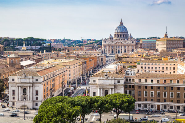Skyline of Rome and Saint Peter Basilica from the The Mausoleum of Hadrian, usually known as Castel Sant'Angelo, Rome, Italy