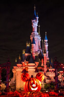 Disneyland Paris Castle at night during Halloween Celebrations