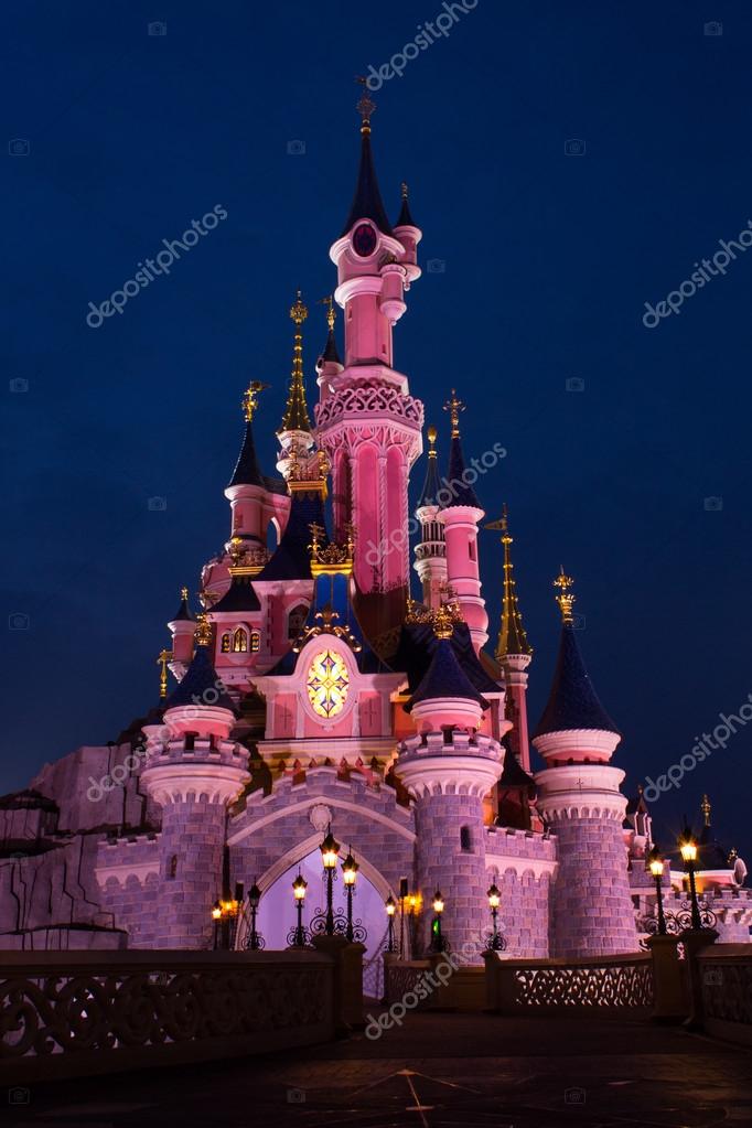 Night performance near Sleeping Beauty castle in Disneyland Paris. Disneyland  Paris (Euro Disney Resort) - entertainment resort in Marne-la-Vallee.  Marne-la-Vallee, France. March 30, 2019. Stock Photo