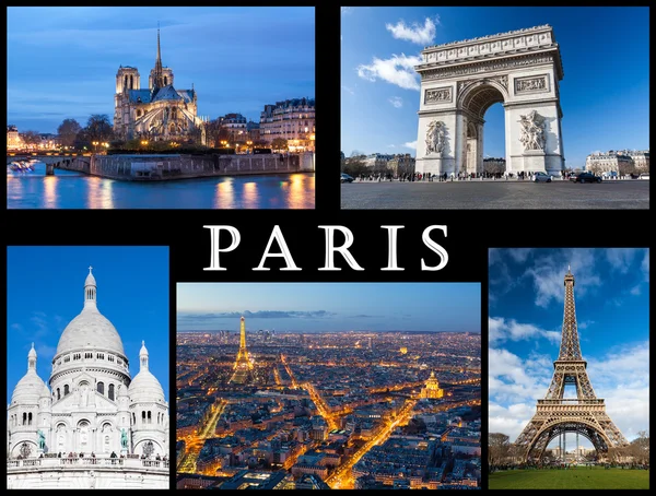 Paris. Composition of famous building of Paris, like Notre Dame, Eiffel Tower, Basilica of Sacred Heart, Arc of Triumph and a skyline of the city. — Stock Photo, Image