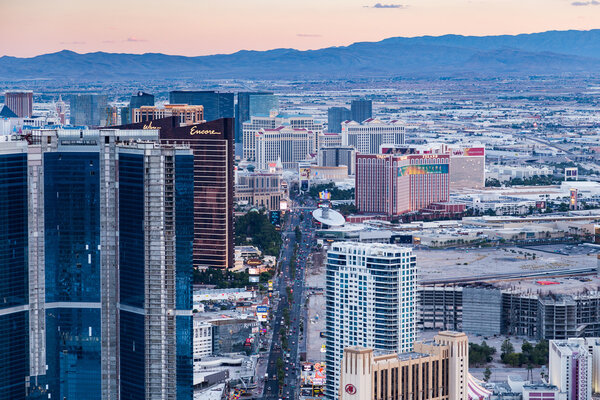 LAS VEGAS, NV - AUGUST 12: View of Las Vegas from Stratosphere Tower at dusk on August 12, 2015 in Las Vegas, USA. Las Vegas is one of the top tourist destinations in the world.