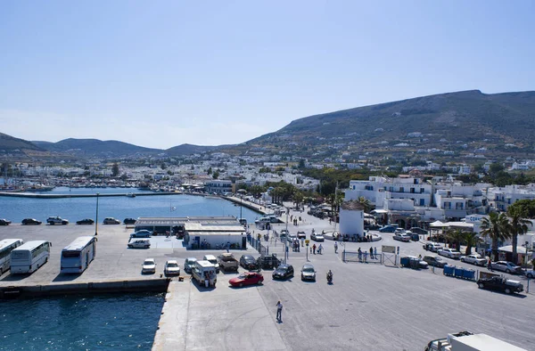 Parikia Town Paros Island Greece Waterfront View Bustling Busy Port — Foto de Stock