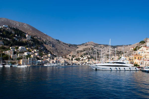 Symi Island Greece Beautiful Harbor Boats Moored Landscape View Clear — Stock Photo, Image