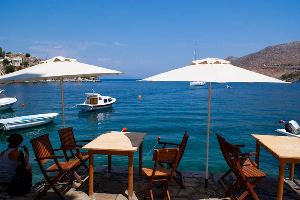 Symi Island Greece Dramatic Beautiful Port Bay Bright Colorful Neo — Stock Photo, Image