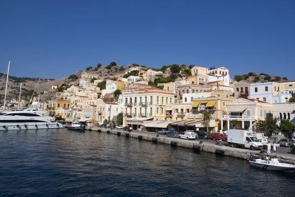 Symi Island Greece Dramatic Beautiful Port Bay Bright Colorful Neo — Stock Photo, Image