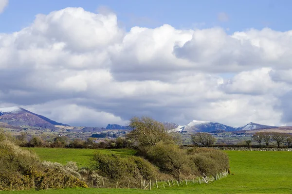 Hermoso Paisaje Rural Del Norte Gales Campos Verdes Con Las — Foto de Stock