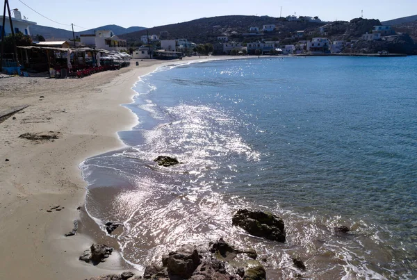 Pserimos Island Greece Beautiful Sandy Beach Sun Glinting Gentle Waves Stock Image