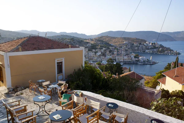 Symi Island Greece Cafe View Sea Old Town Tables Chairs — Stock Photo, Image