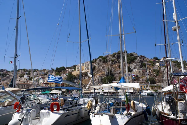 Symi Island Greece Harbor Landscape Picturesque Dramatic Port Landscape Small — Stock Photo, Image