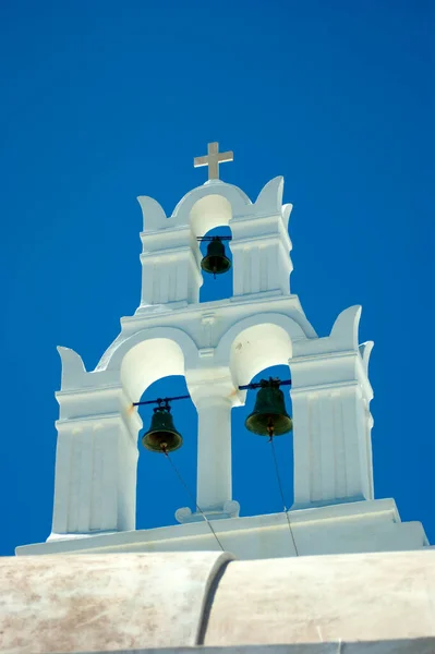 Anafi Ostrov Greece Bell Tower Traditional Old Church Isolated Vertical — стоковое фото