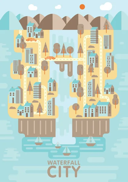 Waterfall city ,blue brown and orange tone concept — 스톡 벡터