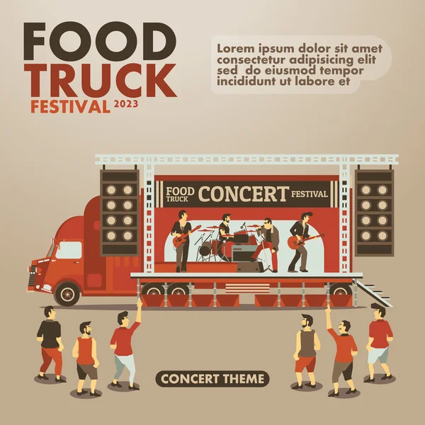 Voedsel vrachtwagen festival poster met gourmet, Concert thema — Stockvector