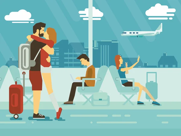 Abrazando Pareja y personas sentadas en la terminal del aeropuerto — Vector de stock