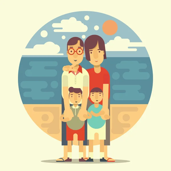 Retrato familiar en el mar Fondo diseño plano — Vector de stock