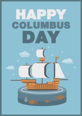 Christopher Columbus day poster gemi ve okyanus Tema düz tasarım