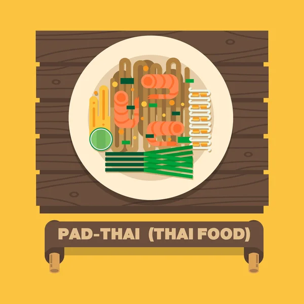 Pratos nacionais da Tailândia, macarrão tailandês (Pad Thai) - Vector flat —  Vetores de Stock