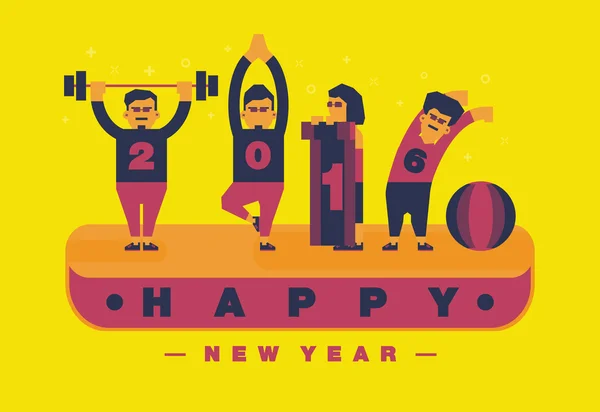 Happy 2016 yeni yıl, egzersiz ve yoga Tema. Vektör düz