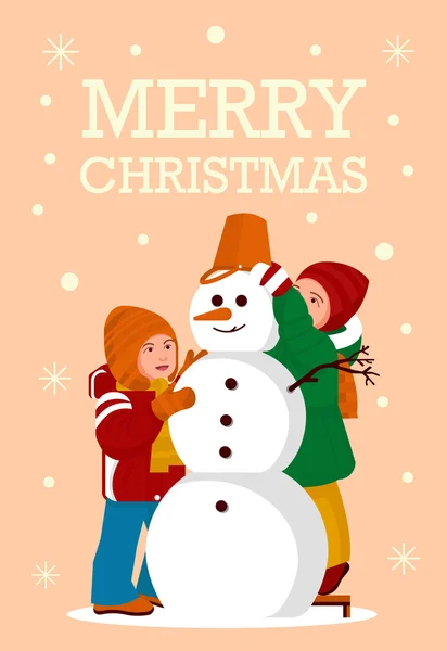 Greeting Card Kids build a Snowman Merry Christmas Party — Stock Vector