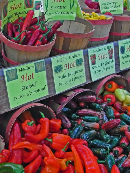 Verkoop stand met verschillende soorten pepers op een boerenmarkt — Stockfoto