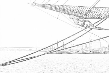Pencil drawing of the harbour of city Stralsund with sailing ship at the foreground clipart