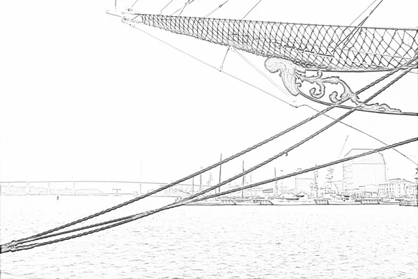 铅笔素描的海港城市施特拉尔松与帆船在前景 — 图库照片