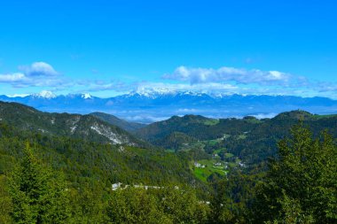 Slovenya 'nın Gorenjska kentindeki Sorsko polyesinin üzerindeki Skuta ve Grintovec dağlarının üzerindeki Slovenya' nın orman manzarası ve karla kaplı tepeleri