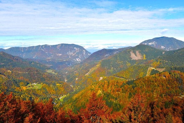 Mountain valley with an autumn colored forest in Karavanke mountains, Carinthia, Austria